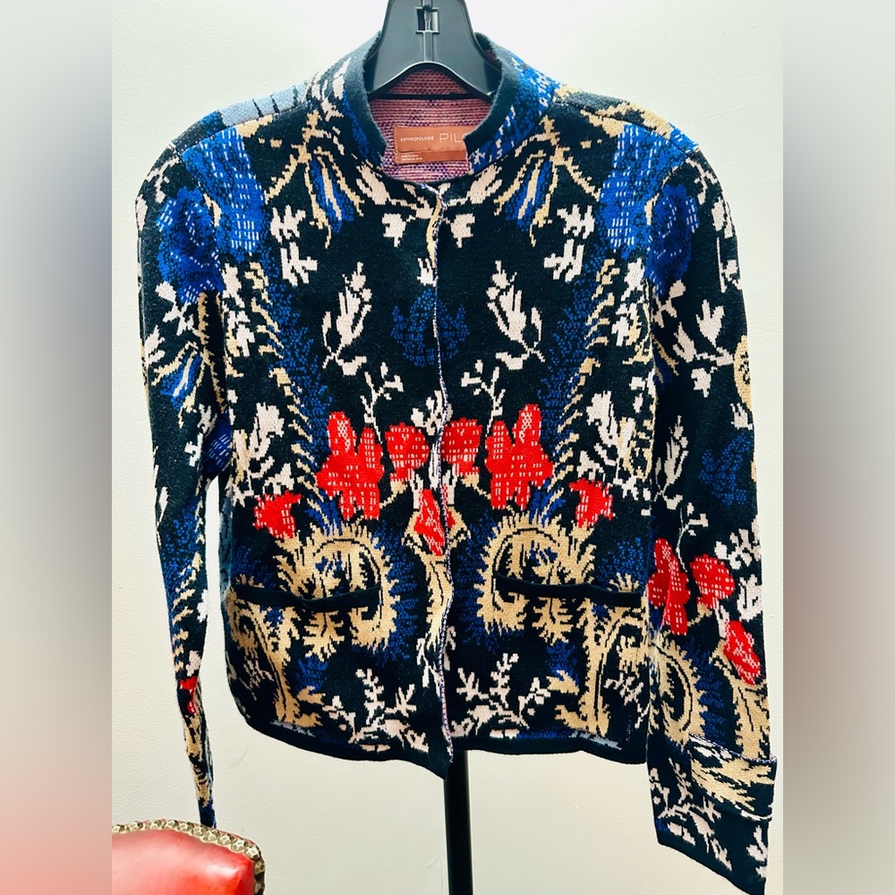 Pilcro for Anthropologie Blue Multicolor Patterned 3-Button Cardigan, Size XS
